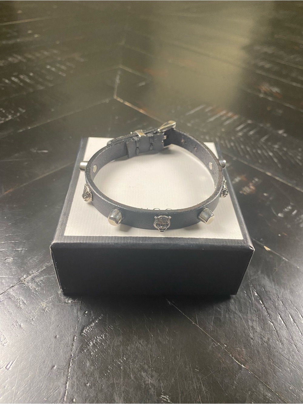 Gucci Black Leather Studded Bracelet with Silver-tone Emblems